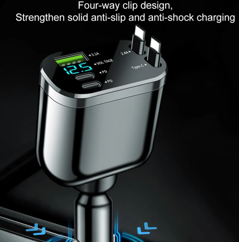 5 in 1 Super Fast Charging Dual Pull Out Retractable Car Charger 12 24V Output TYPE C Car Adapters with QC 3.0 Function - Image 4